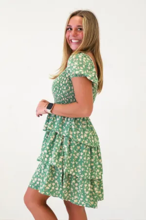 Garden Gala Flower Print Mini Dress in Sage