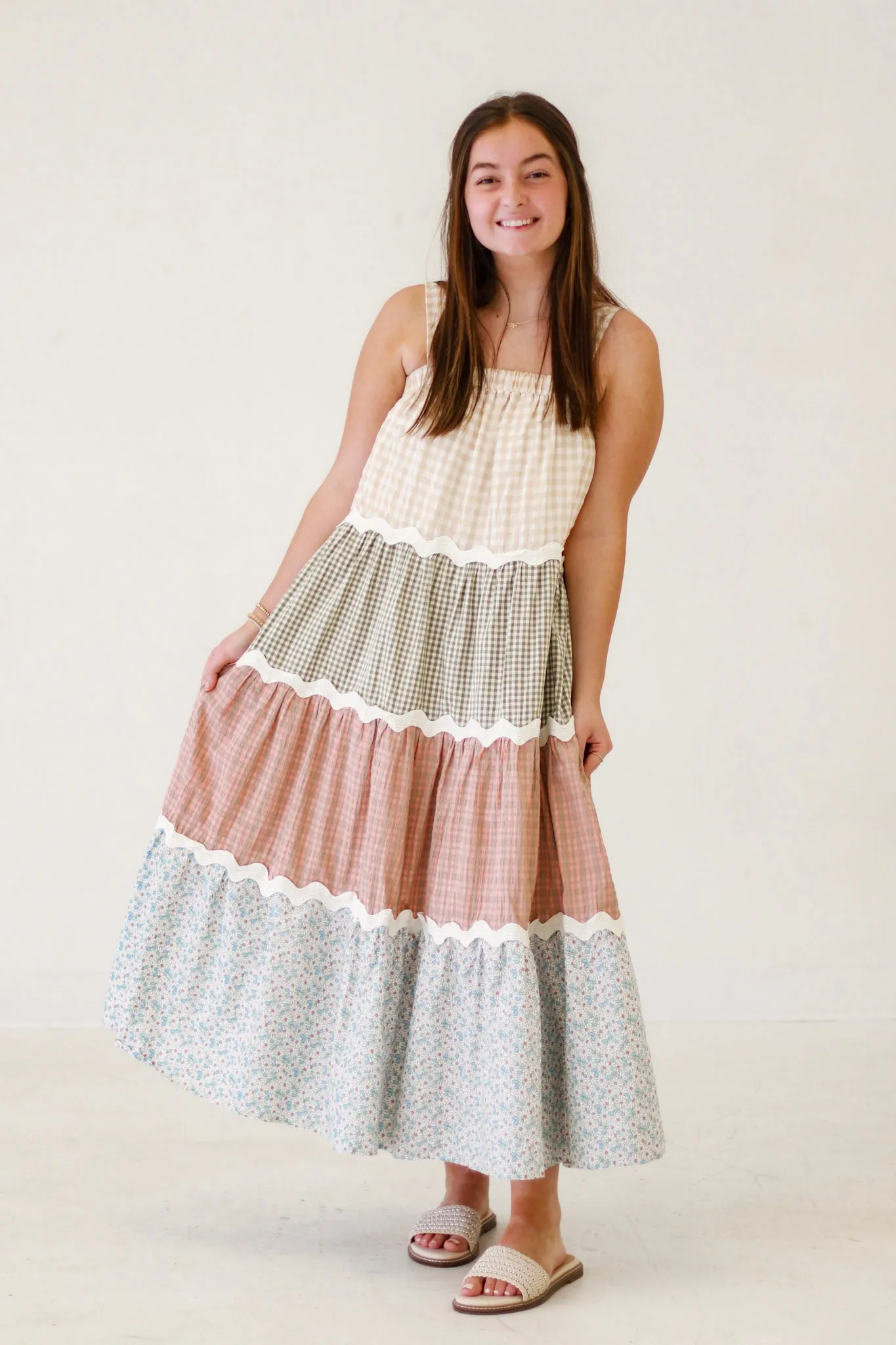 Garden Gala Mixed Tiered Maxi Dress in Beige Multi