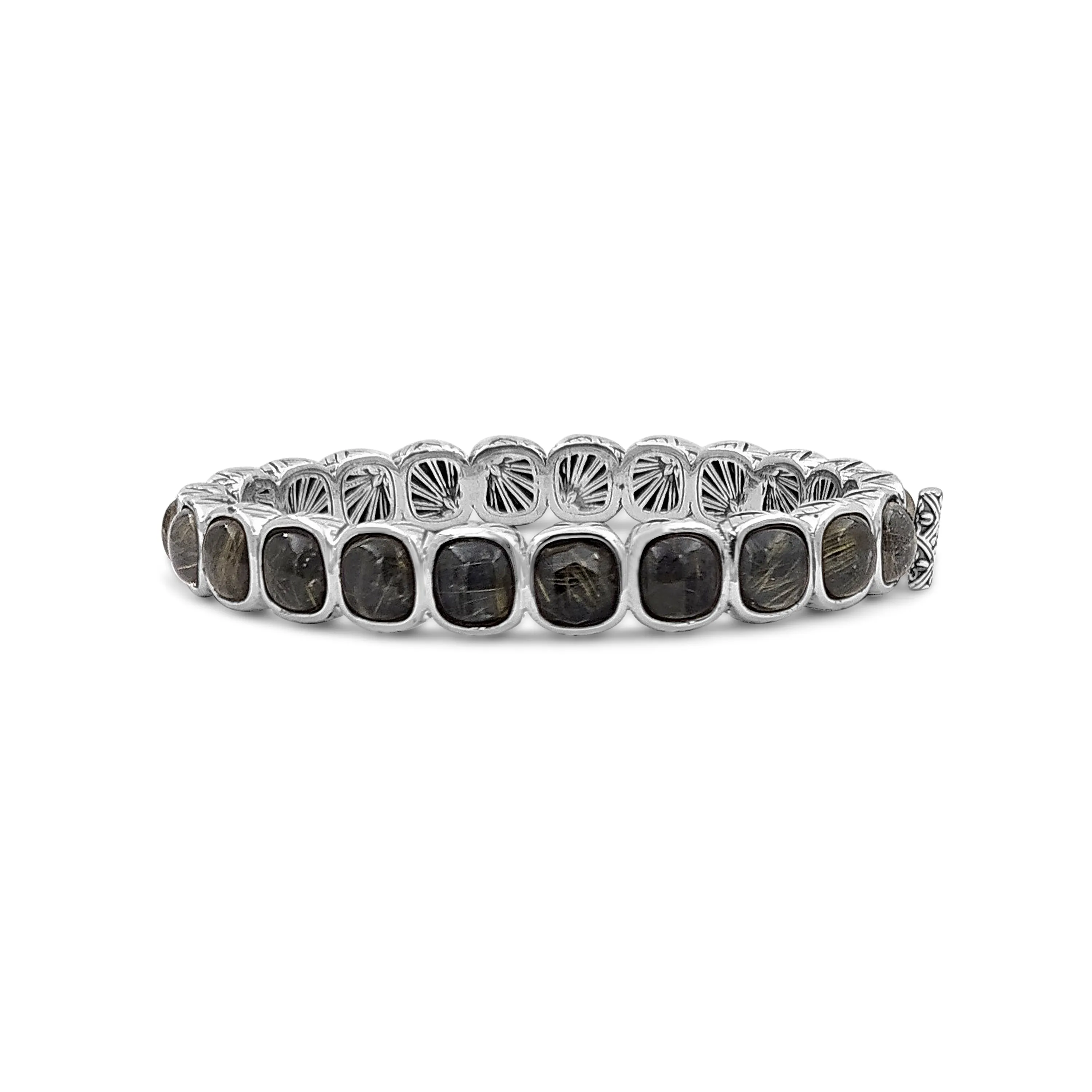 Garden of Stephen Faceted and Cabochon Gold Rutilated Quartz and Hematite Bangle in Sterling Silver