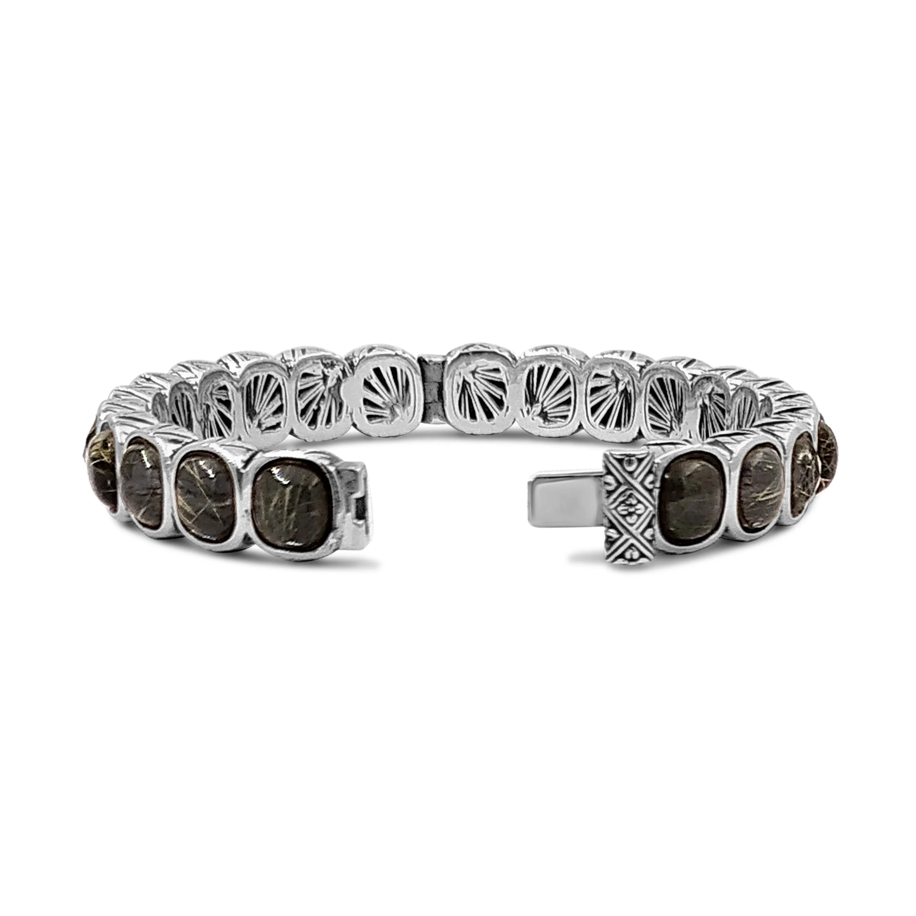 Garden of Stephen Faceted and Cabochon Gold Rutilated Quartz and Hematite Bangle in Sterling Silver