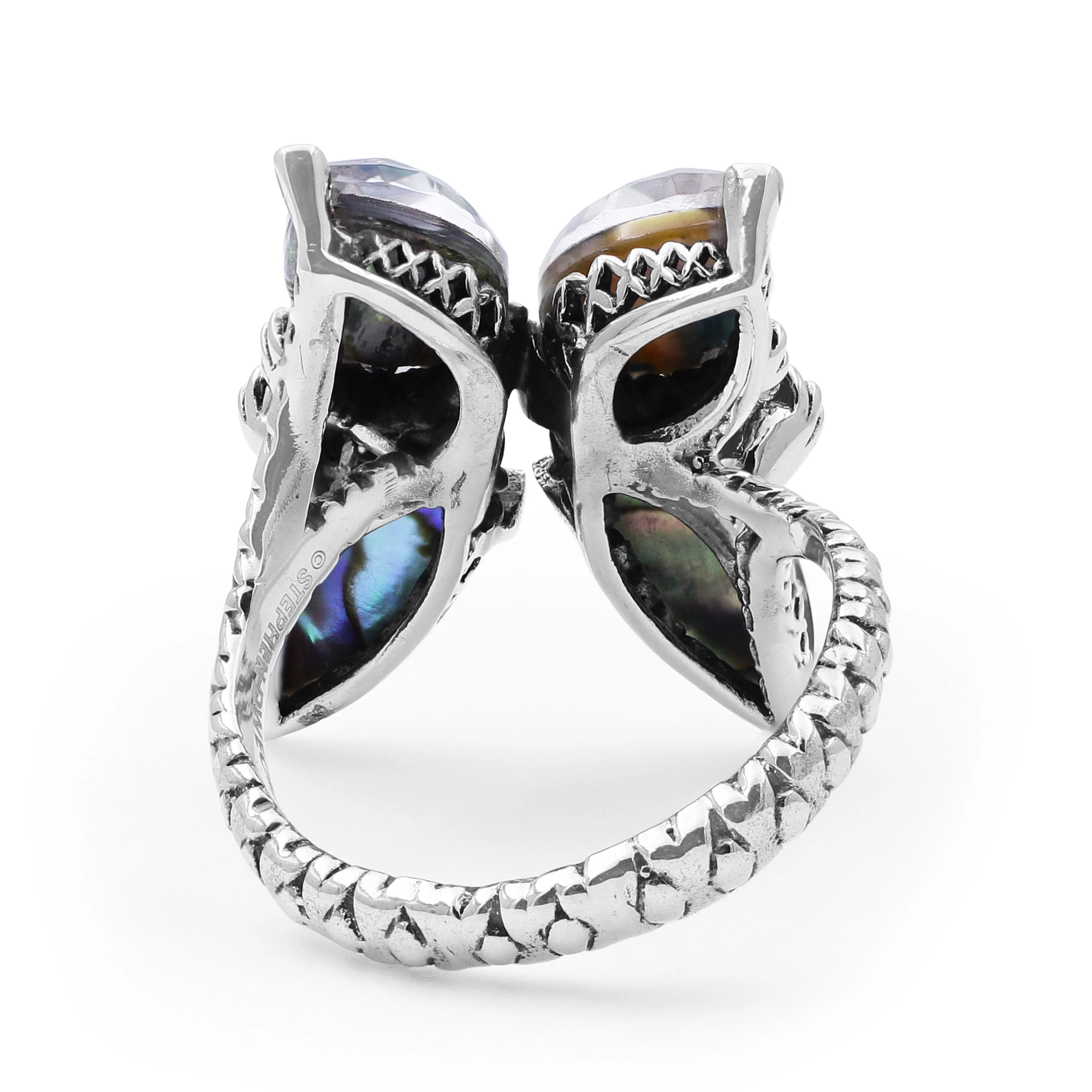 Garden of Stephen Faceted Natural Quartz Abalone and Rhodolite Garnet Butterfly Ring in Sterling Silver