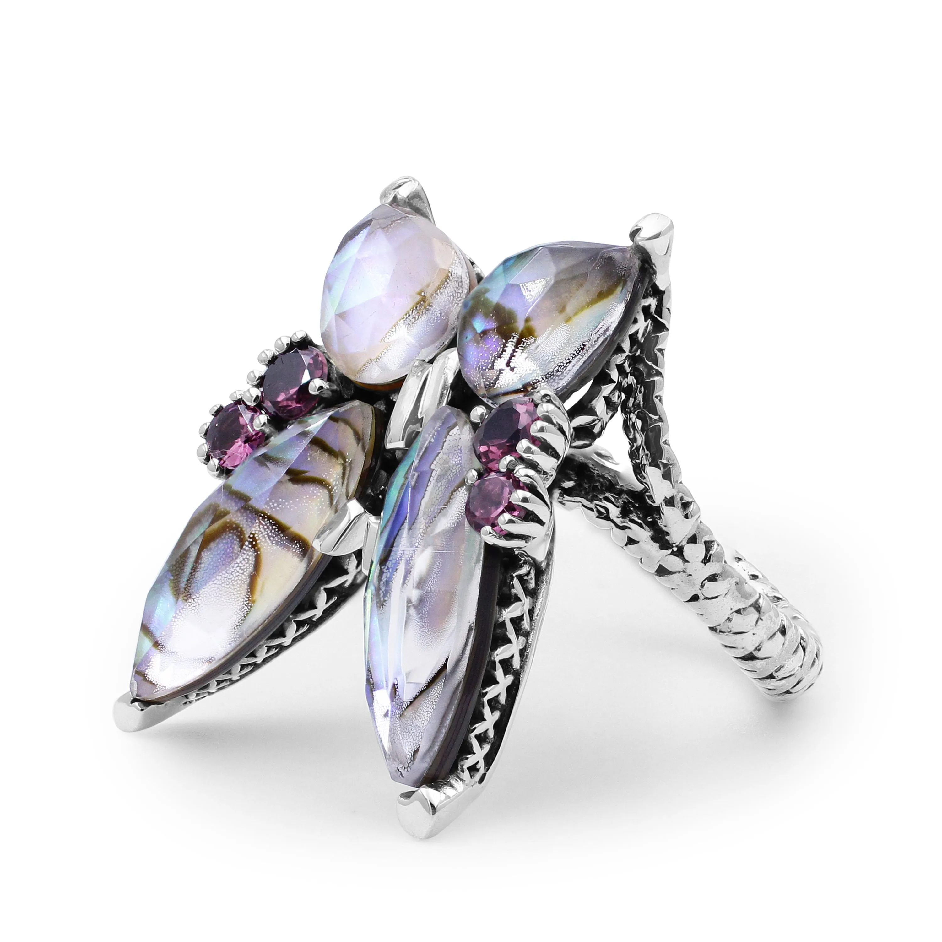 Garden of Stephen Faceted Natural Quartz Abalone and Rhodolite Garnet Butterfly Ring in Sterling Silver