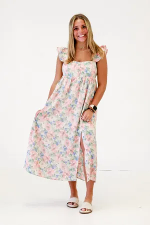 Garden Parties Watercolor Floral Print Midi Dress in Rose Pink