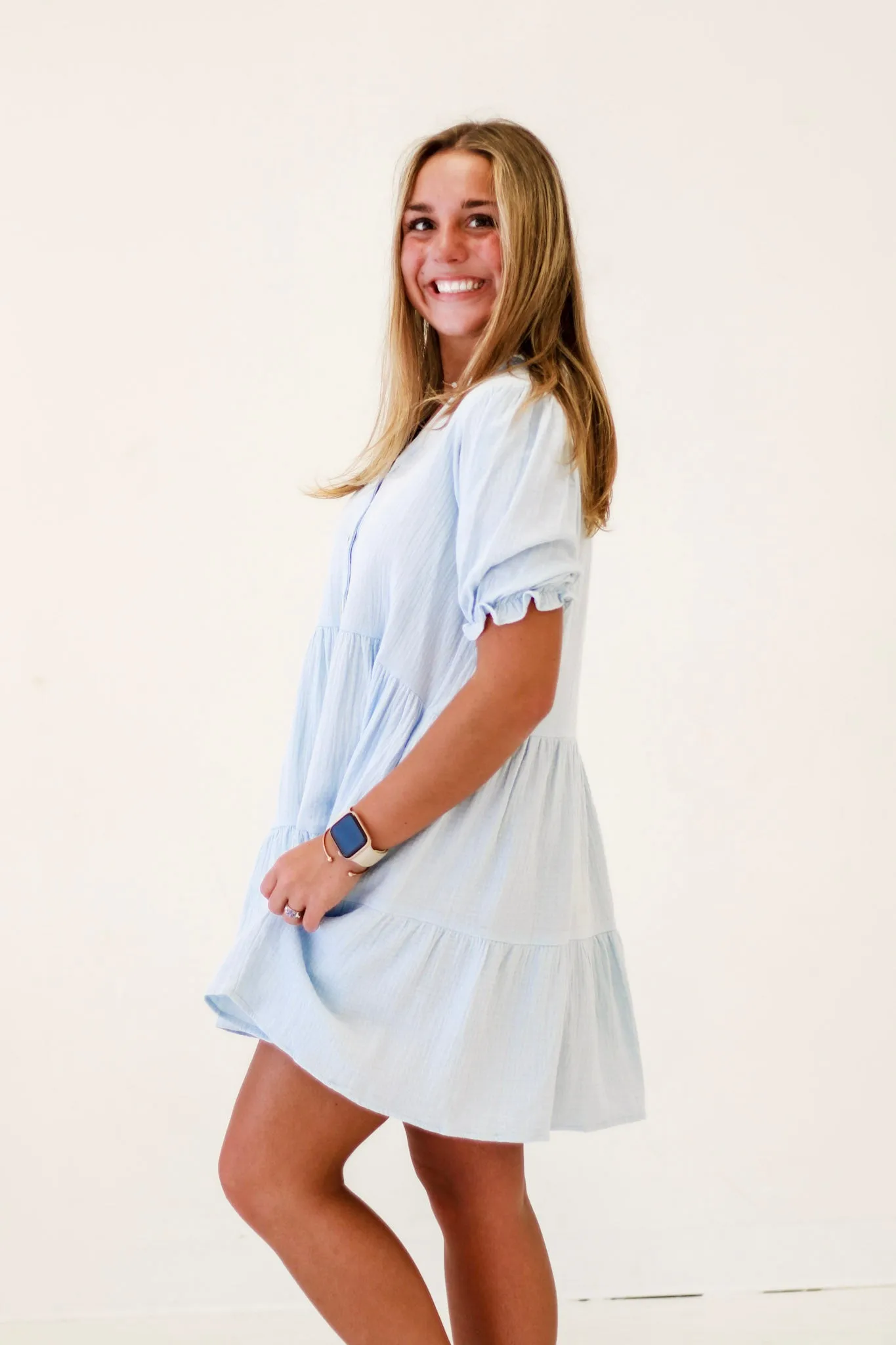Garden Party Delight Soft Crinkle Cotton Dress in Blue