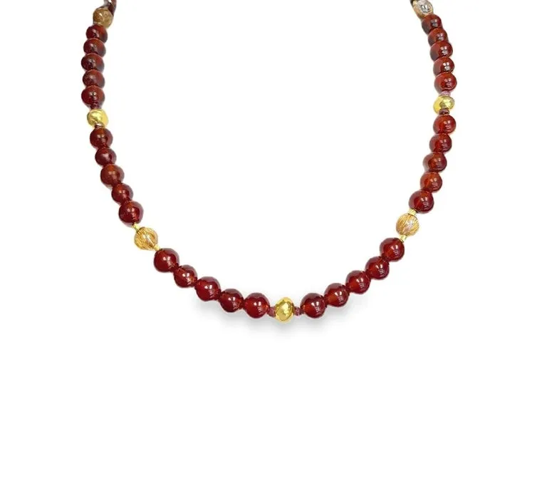 Garnet and Rutilated Quartz Beaded Necklace with Gold Accents, 18.5 Inches