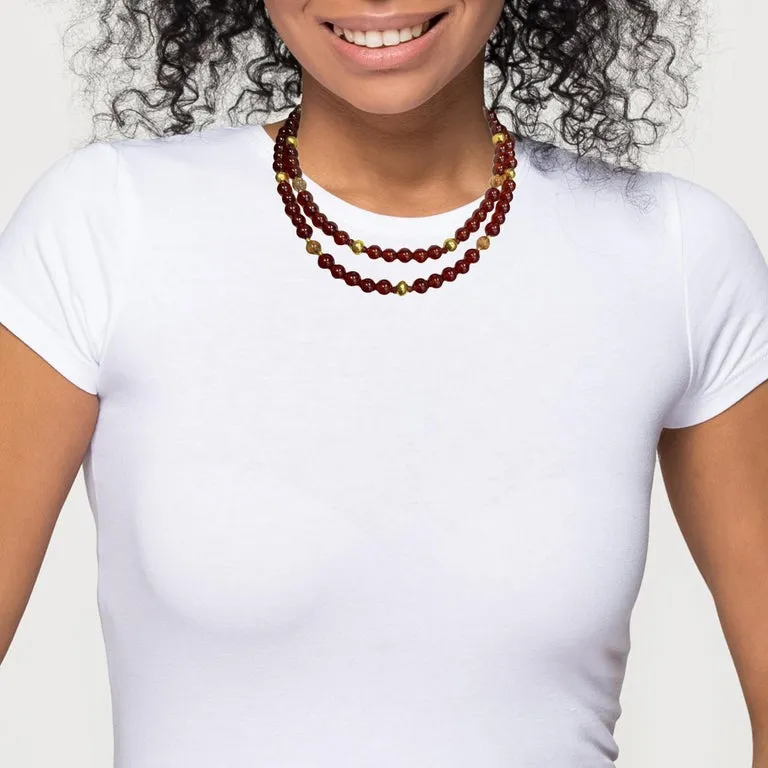 Garnet and Rutilated Quartz Beaded Necklace with Gold Accents, 18.5 Inches