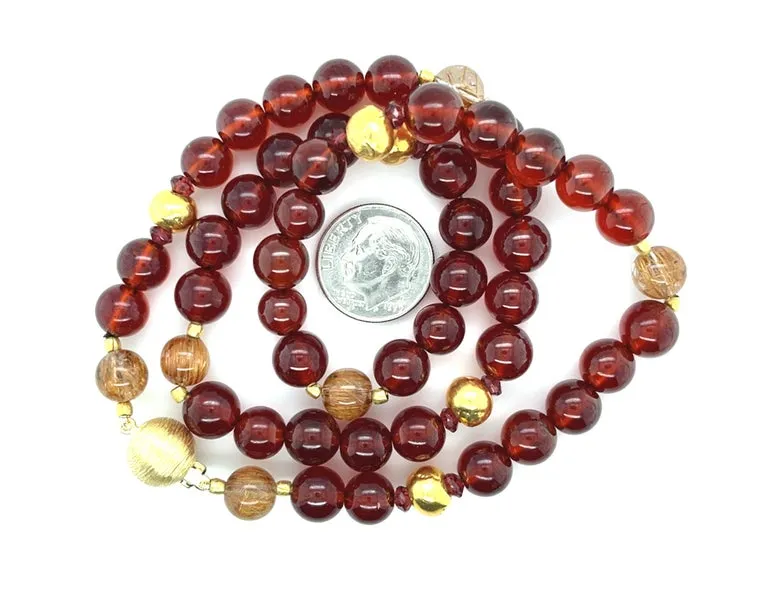 Garnet and Rutilated Quartz Beaded Necklace with Gold Accents, 18.5 Inches