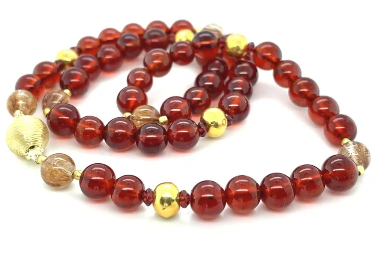 Garnet and Rutilated Quartz Beaded Necklace with Gold Accents, 18.5 Inches