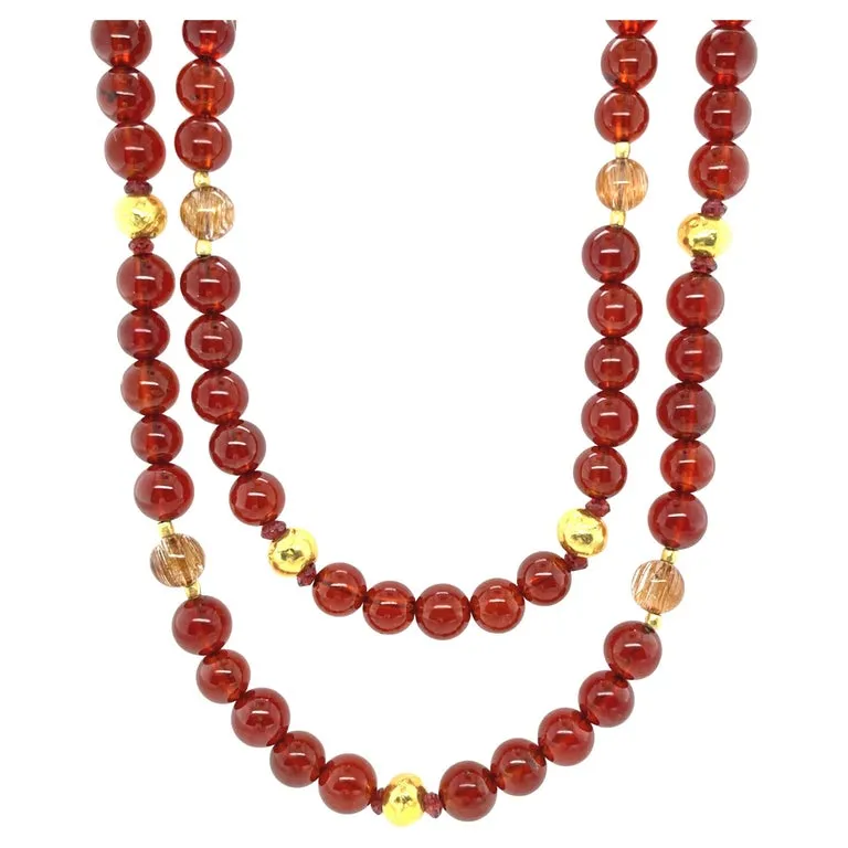 Garnet and Rutilated Quartz Beaded Necklace with Gold Accents, 18.5 Inches