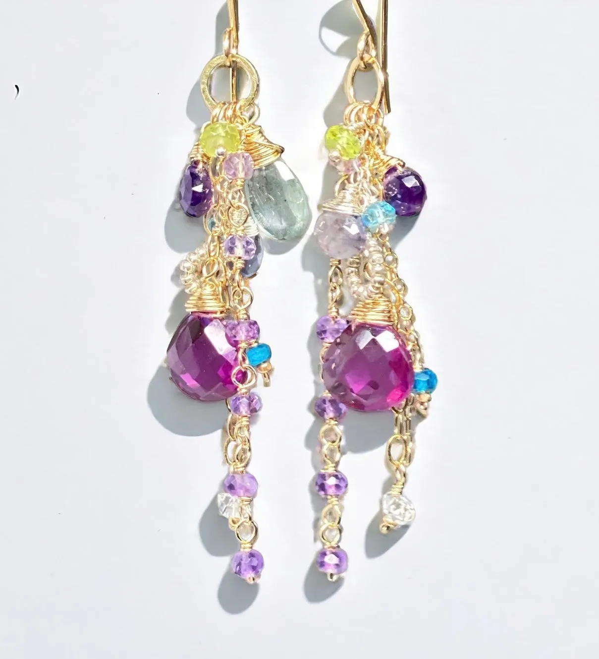 Gemstone Dangle Earrings - Moss Aquamarine, Amethyst, Violet Quartz