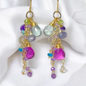 Gemstone Dangle Earrings - Moss Aquamarine, Amethyst, Violet Quartz