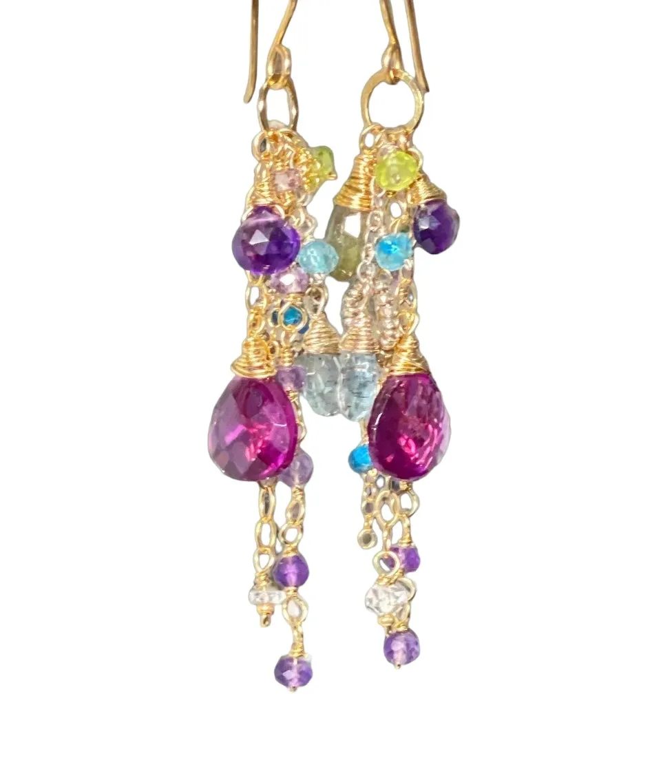 Gemstone Dangle Earrings - Moss Aquamarine, Amethyst, Violet Quartz
