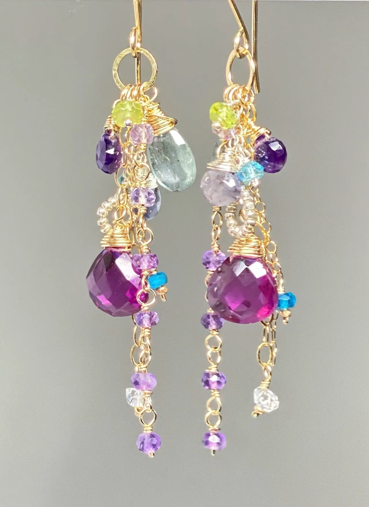 Gemstone Dangle Earrings - Moss Aquamarine, Amethyst, Violet Quartz