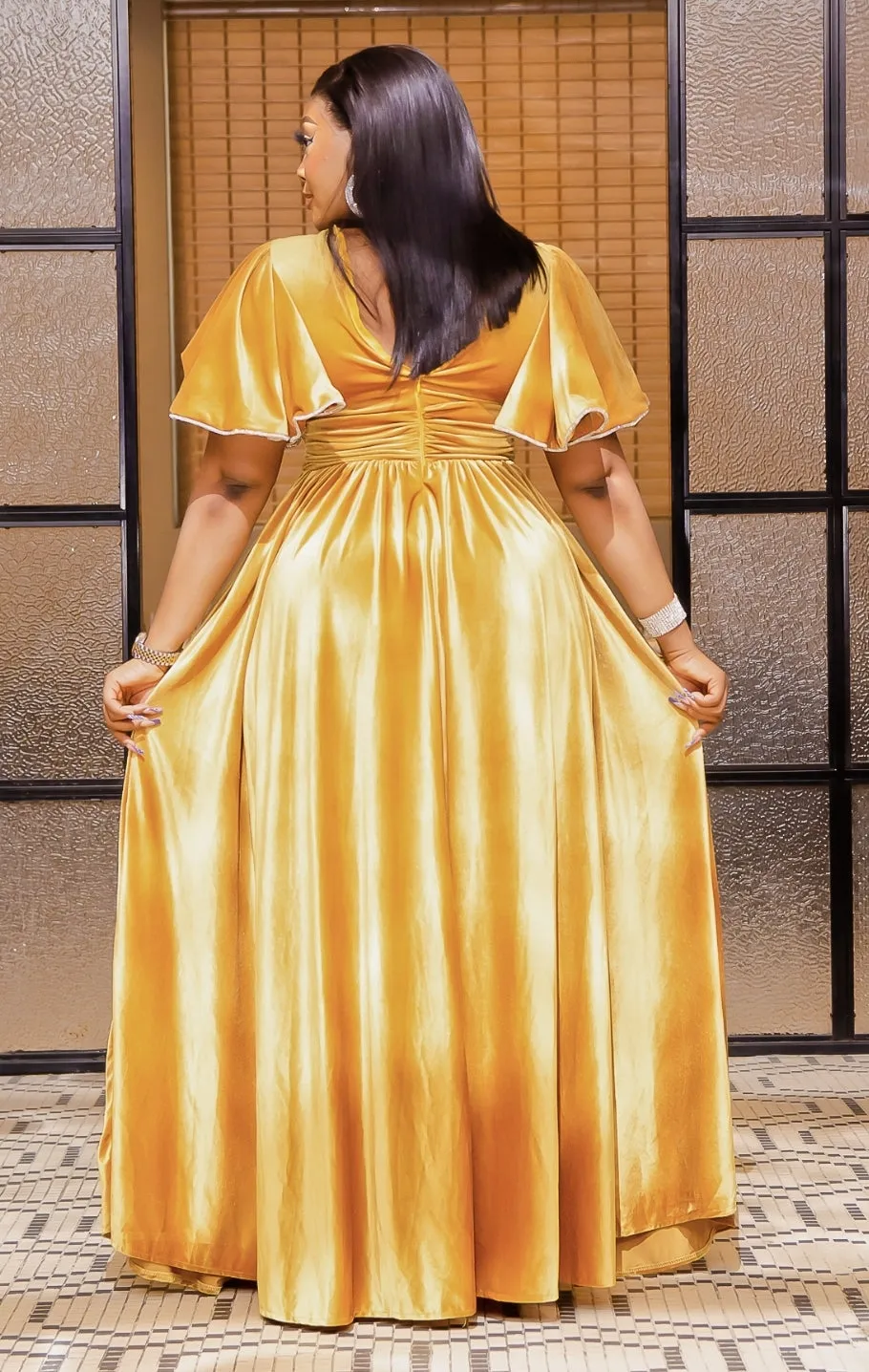 Genette Haute- Rhinestone Flutter Sleeve Ball Length Dress (New)