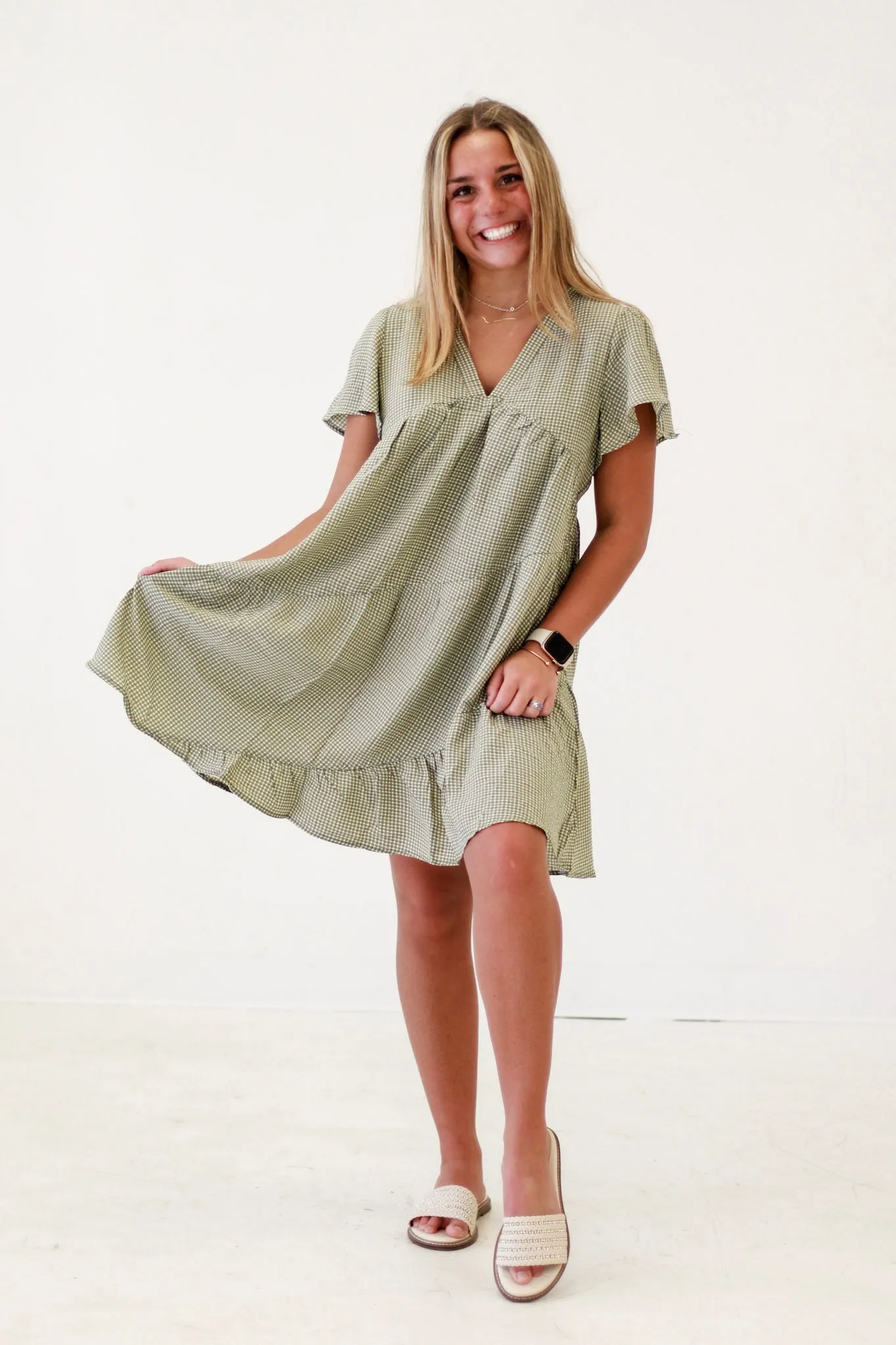 Gingham Charm Babydoll Dress in Sage