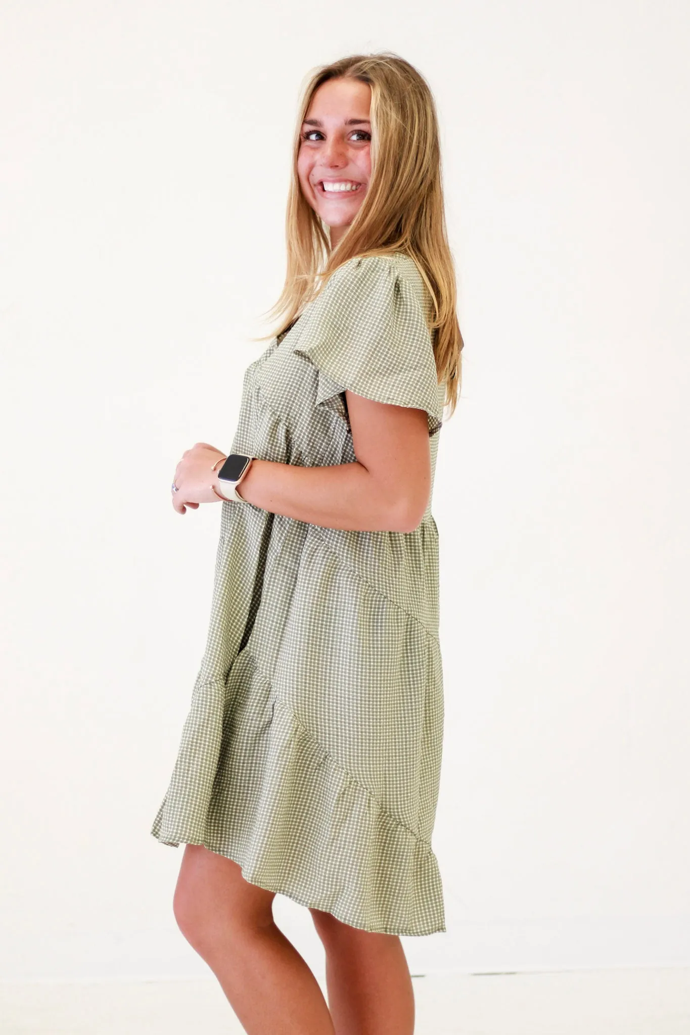 Gingham Charm Babydoll Dress in Sage