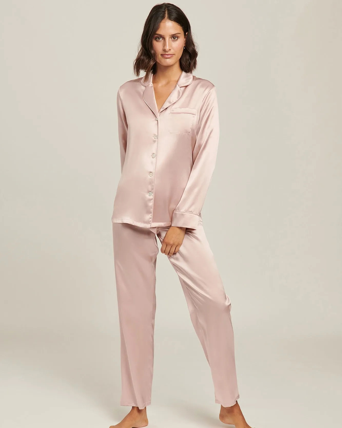 Ginia - Fine Finishes Silk Pyjama Set - Silver Pink