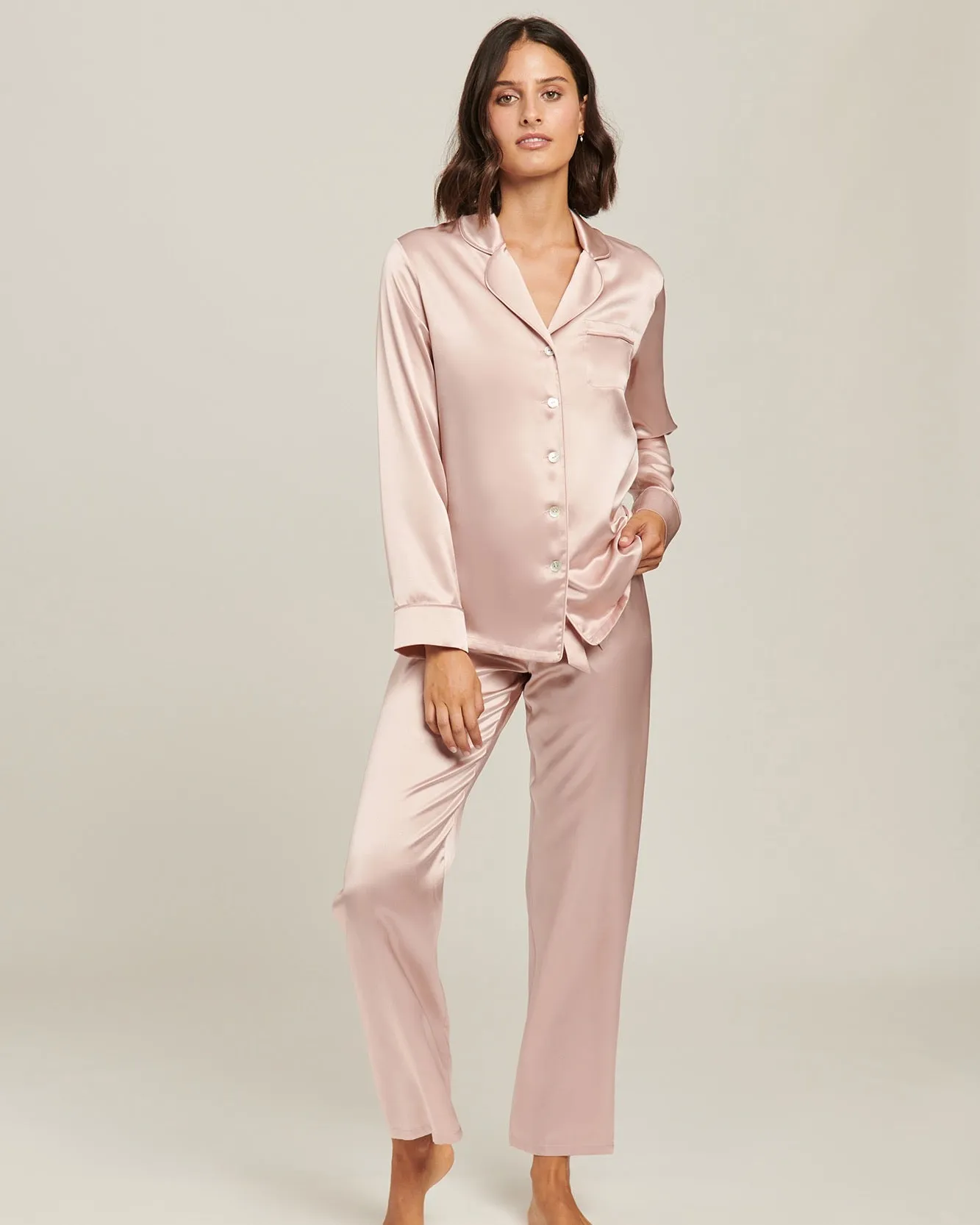 Ginia - Fine Finishes Silk Pyjama Set - Silver Pink