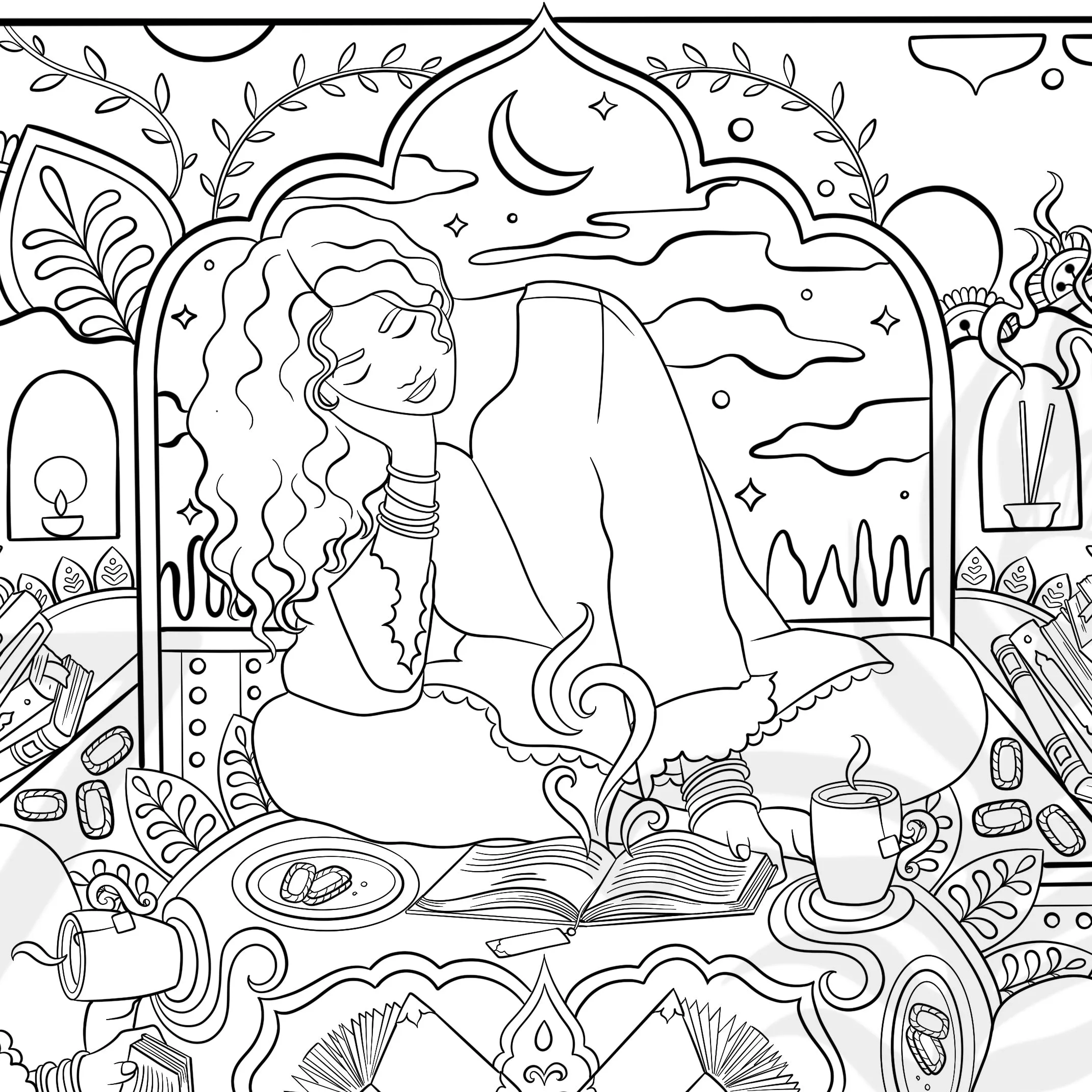 Girls Reading Books - Coloring Page