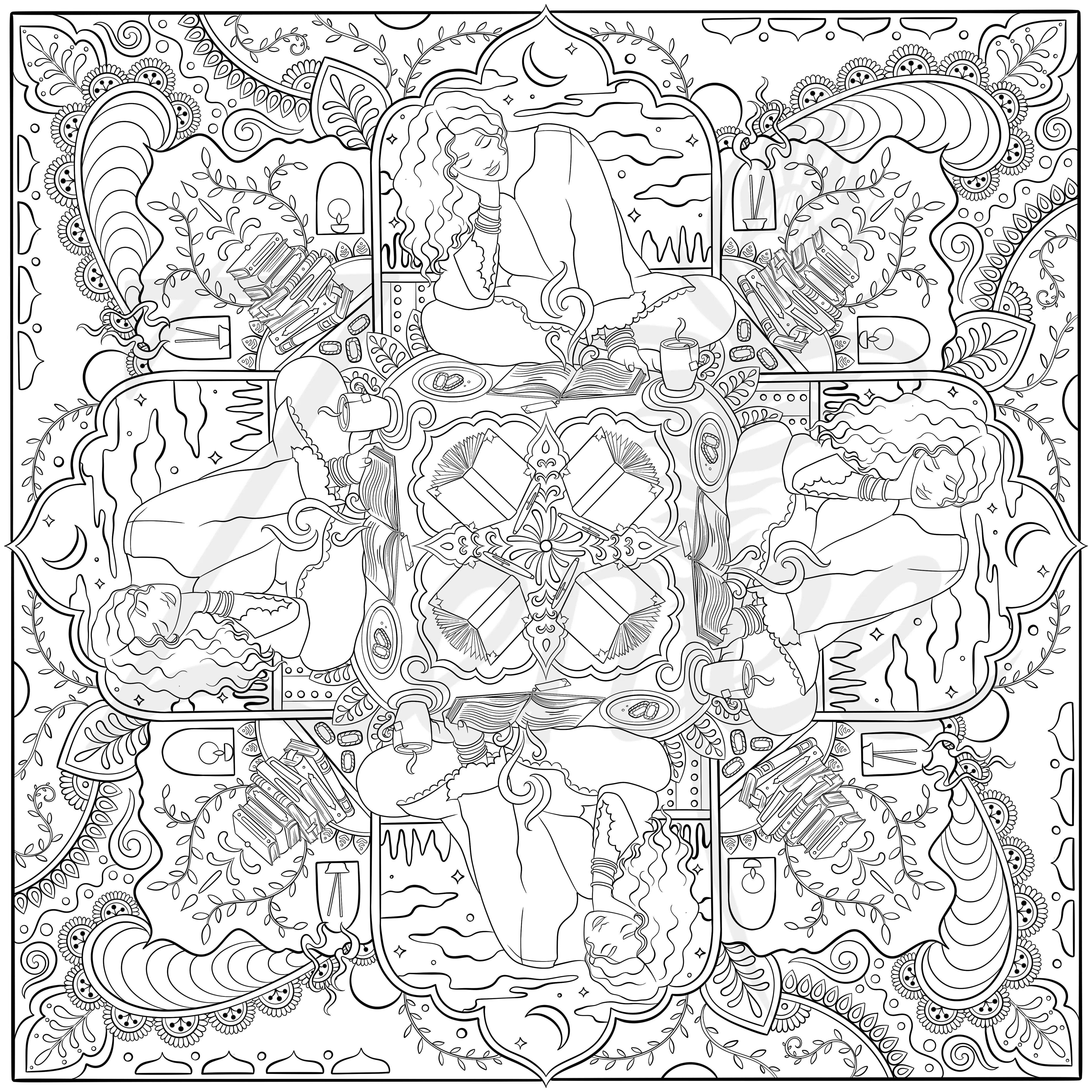 Girls Reading Books - Coloring Page