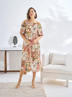 Gizzey Floral Strapless Dress With Half Sleeves