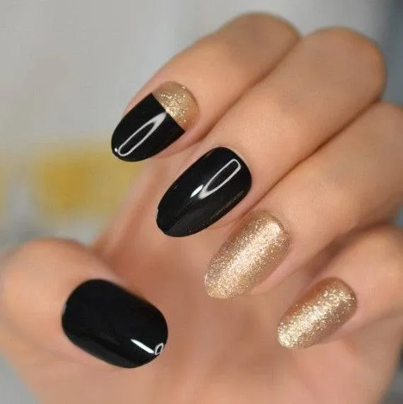 Glossy Black And Gold Glitter Almond Tip Press On Nails Kit