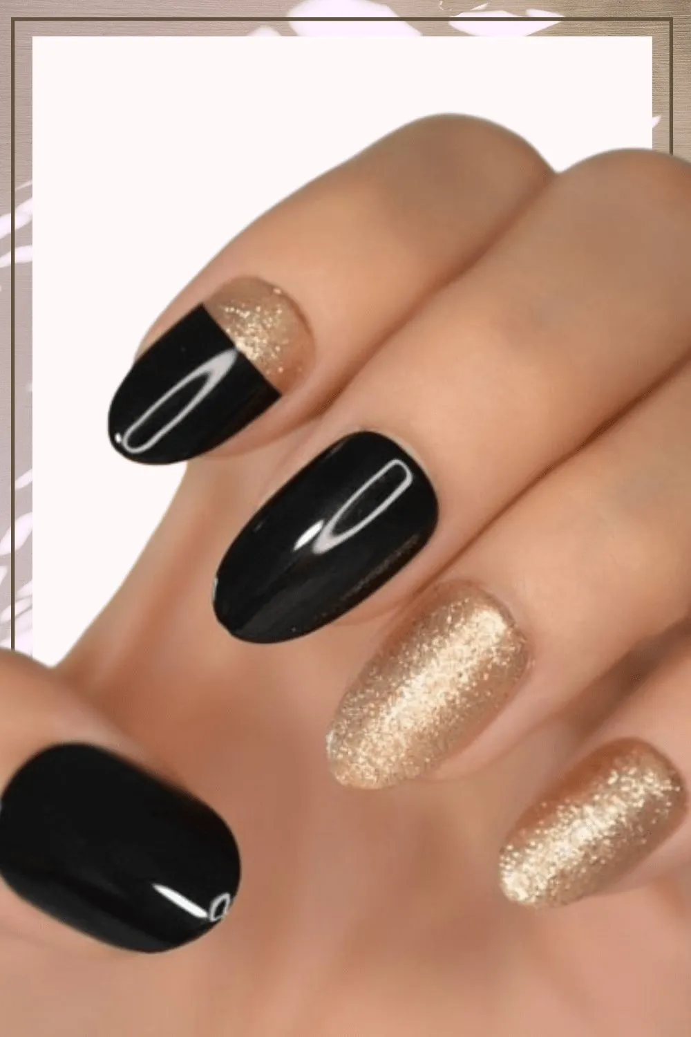 Glossy Black And Gold Glitter Almond Tip Press On Nails Kit