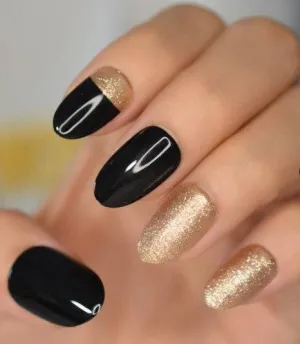 Glossy Black And Gold Glitter Almond Tip Press On Nails Kit