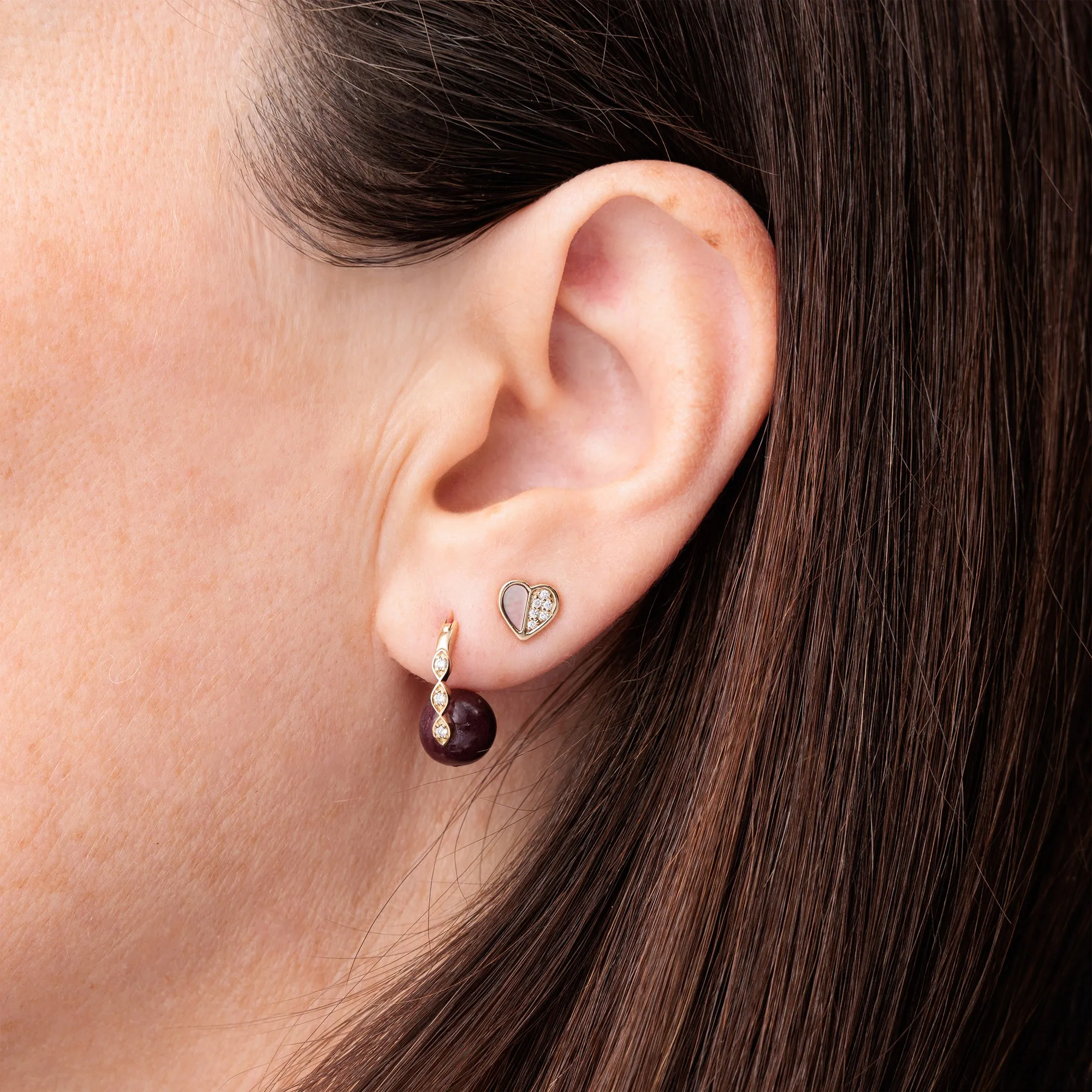 Gold & Diamond Heart With Stone Inlay Stud