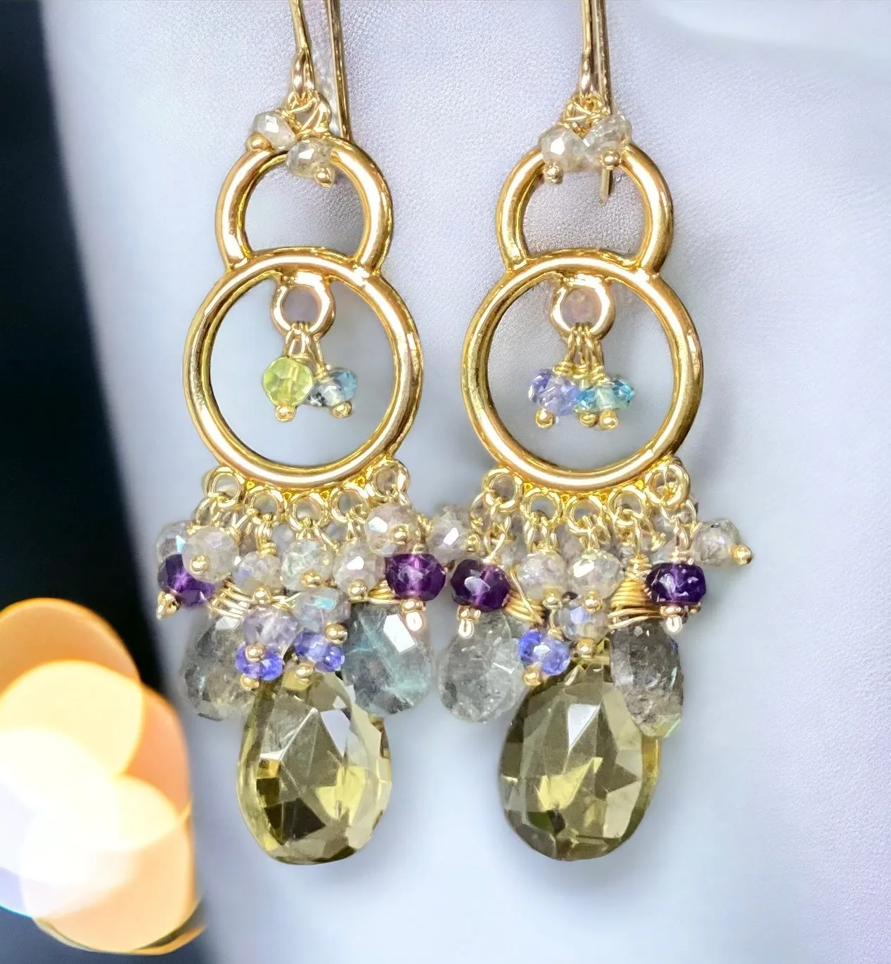 Gold Chandelier Earrings Lemon Quartz Labradorite