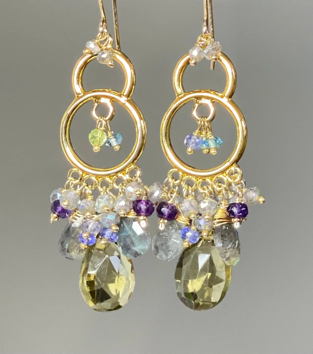 Gold Chandelier Earrings Lemon Quartz Labradorite