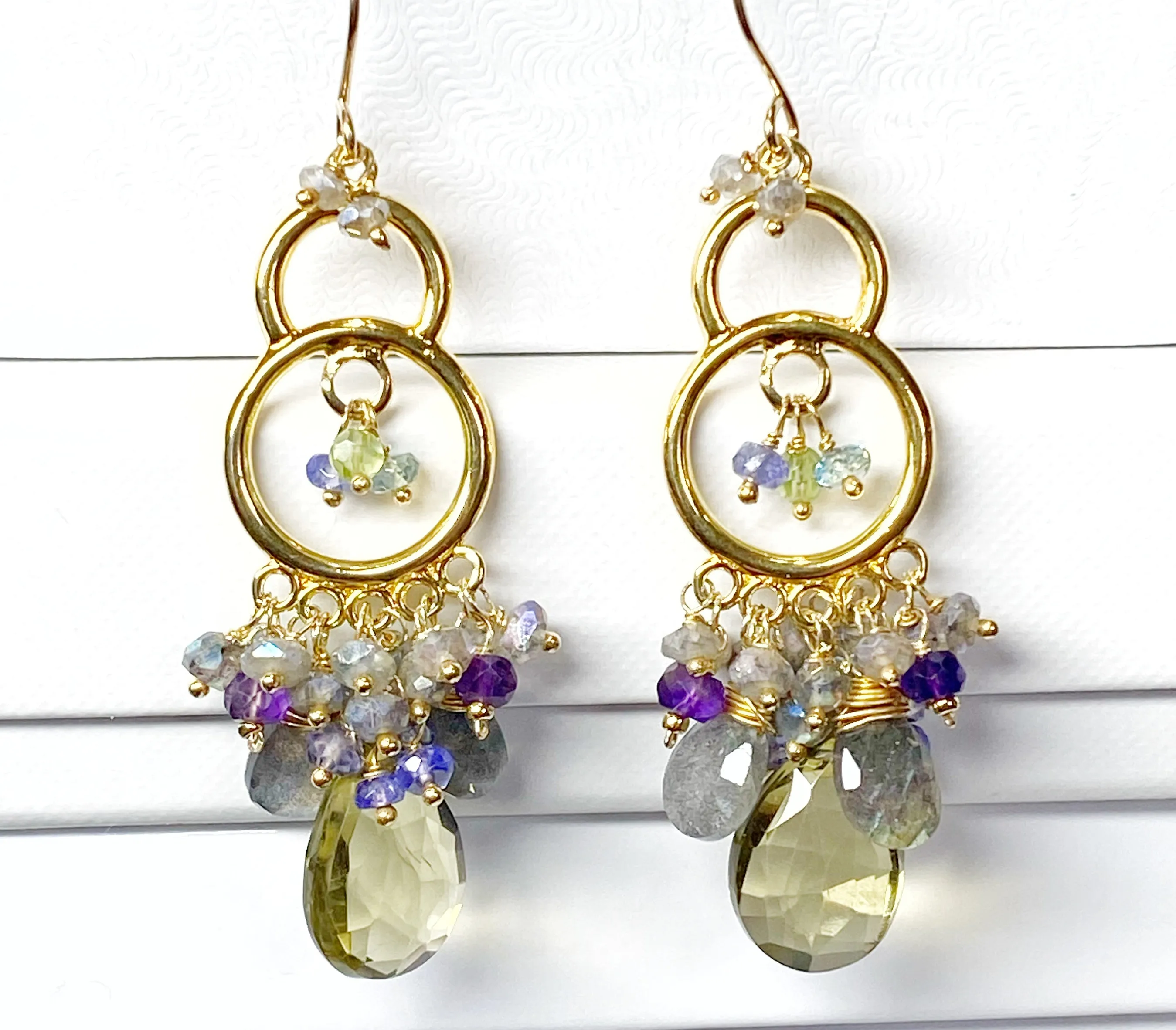 Gold Chandelier Earrings Lemon Quartz Labradorite