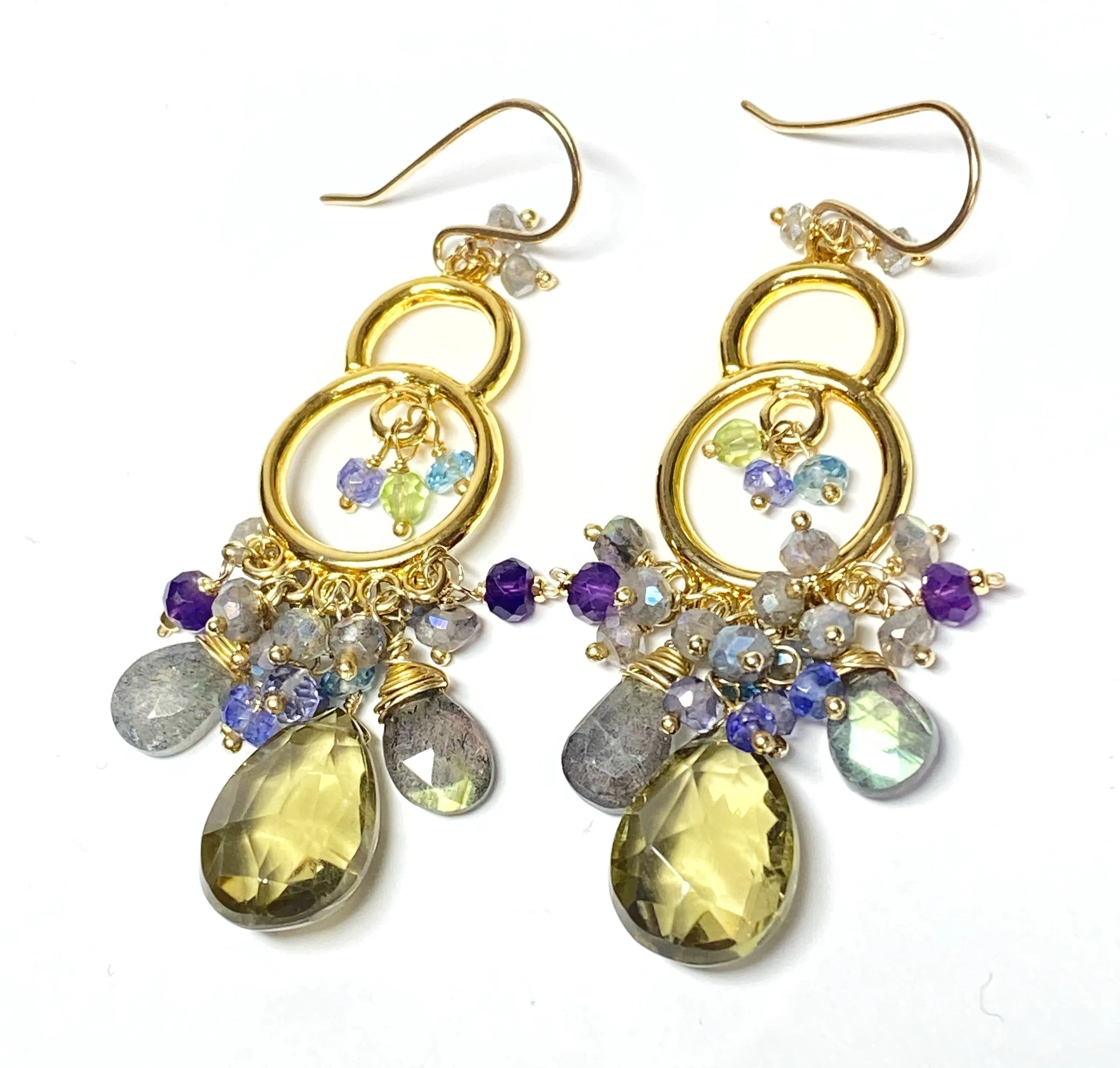 Gold Chandelier Earrings Lemon Quartz Labradorite