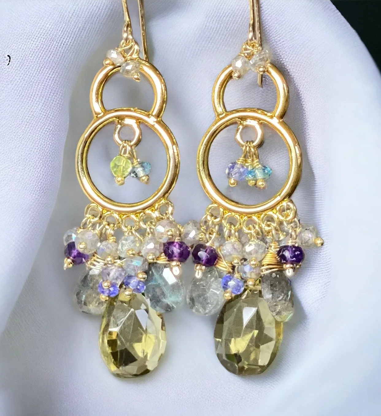 Gold Chandelier Earrings Lemon Quartz Labradorite