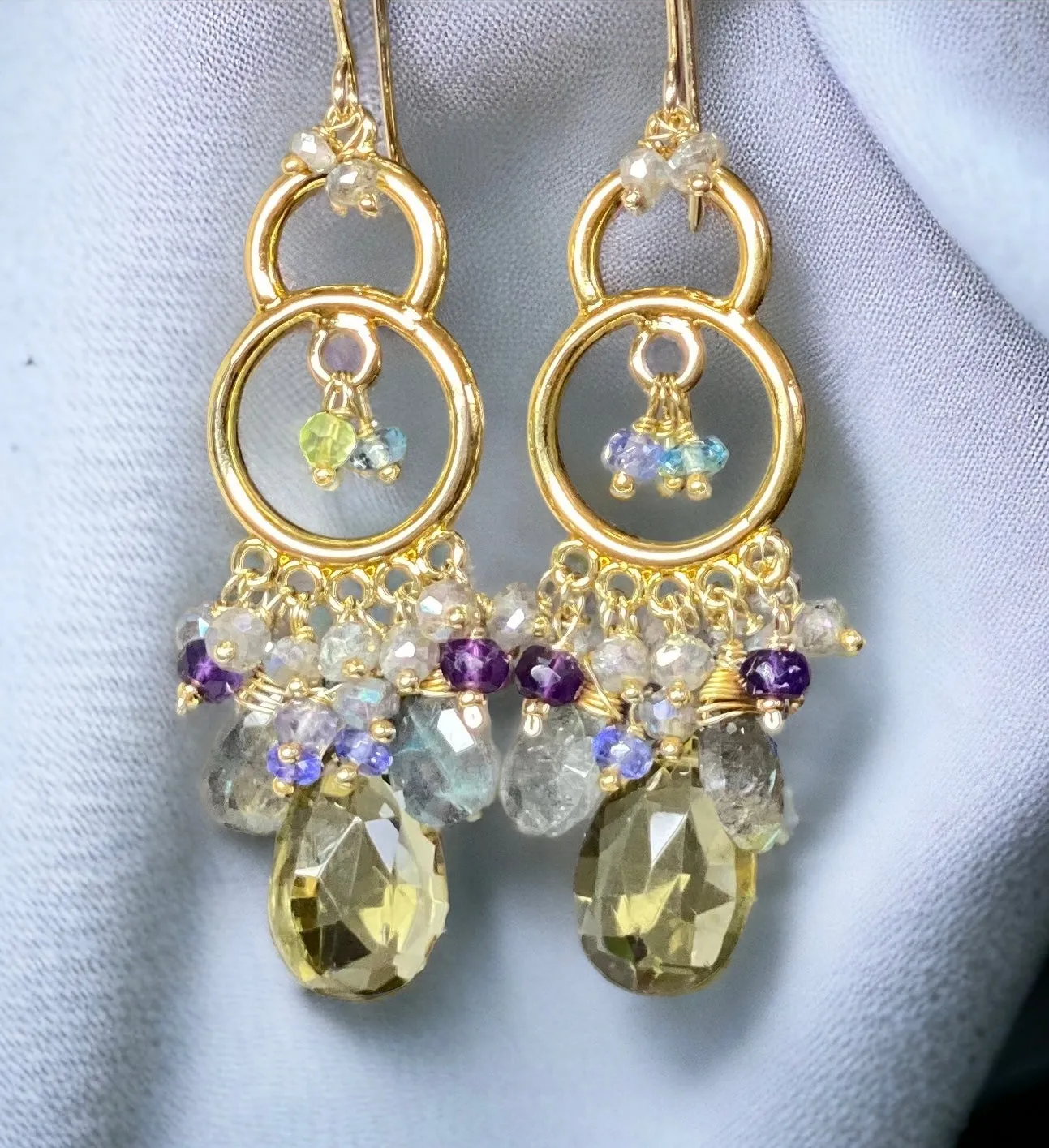Gold Chandelier Earrings Lemon Quartz Labradorite