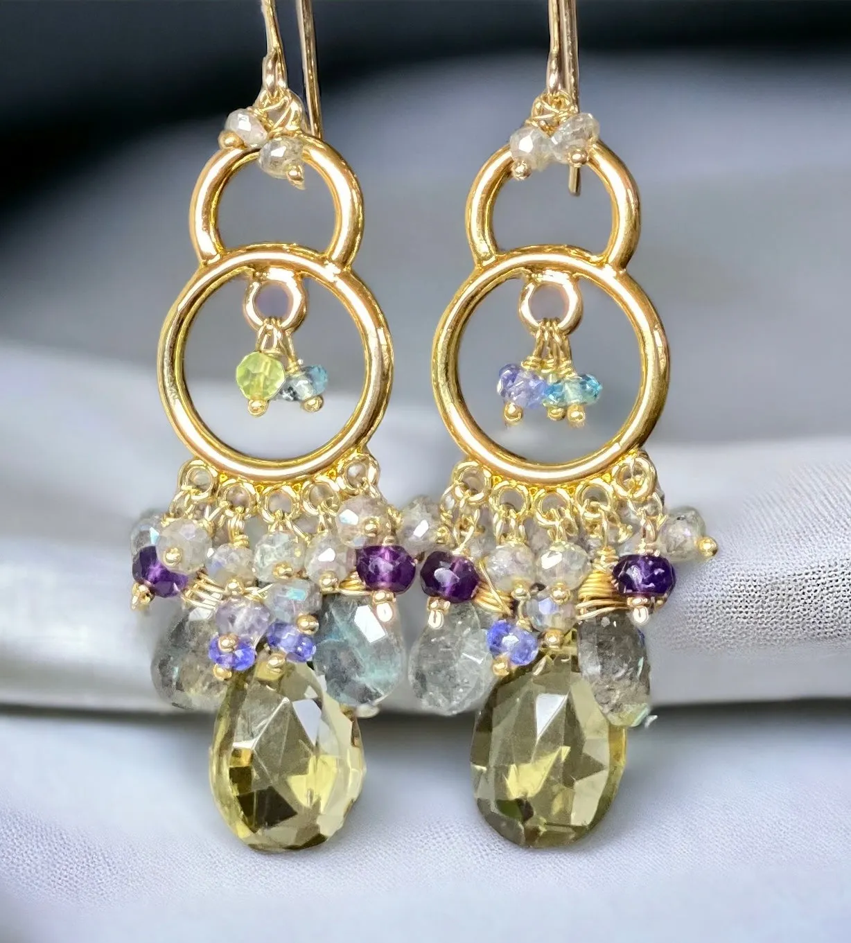 Gold Chandelier Earrings Lemon Quartz Labradorite