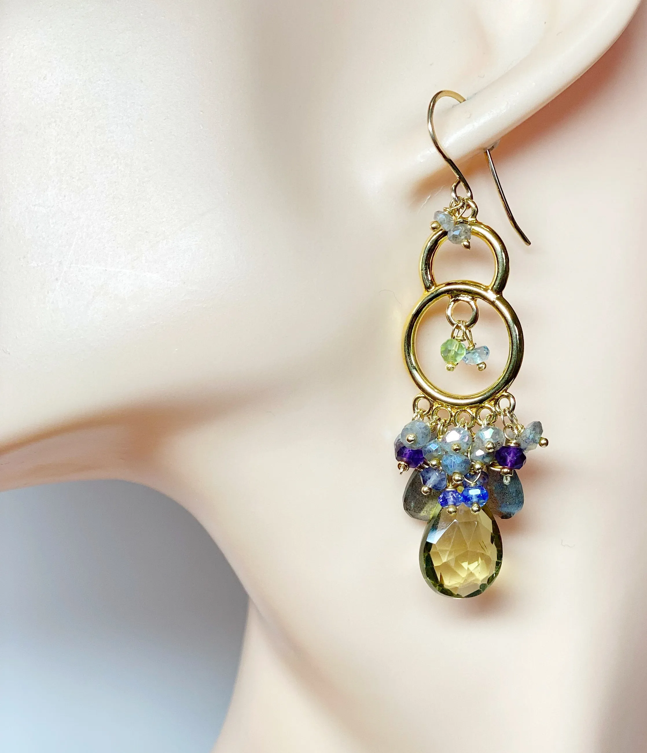 Gold Chandelier Earrings Lemon Quartz Labradorite
