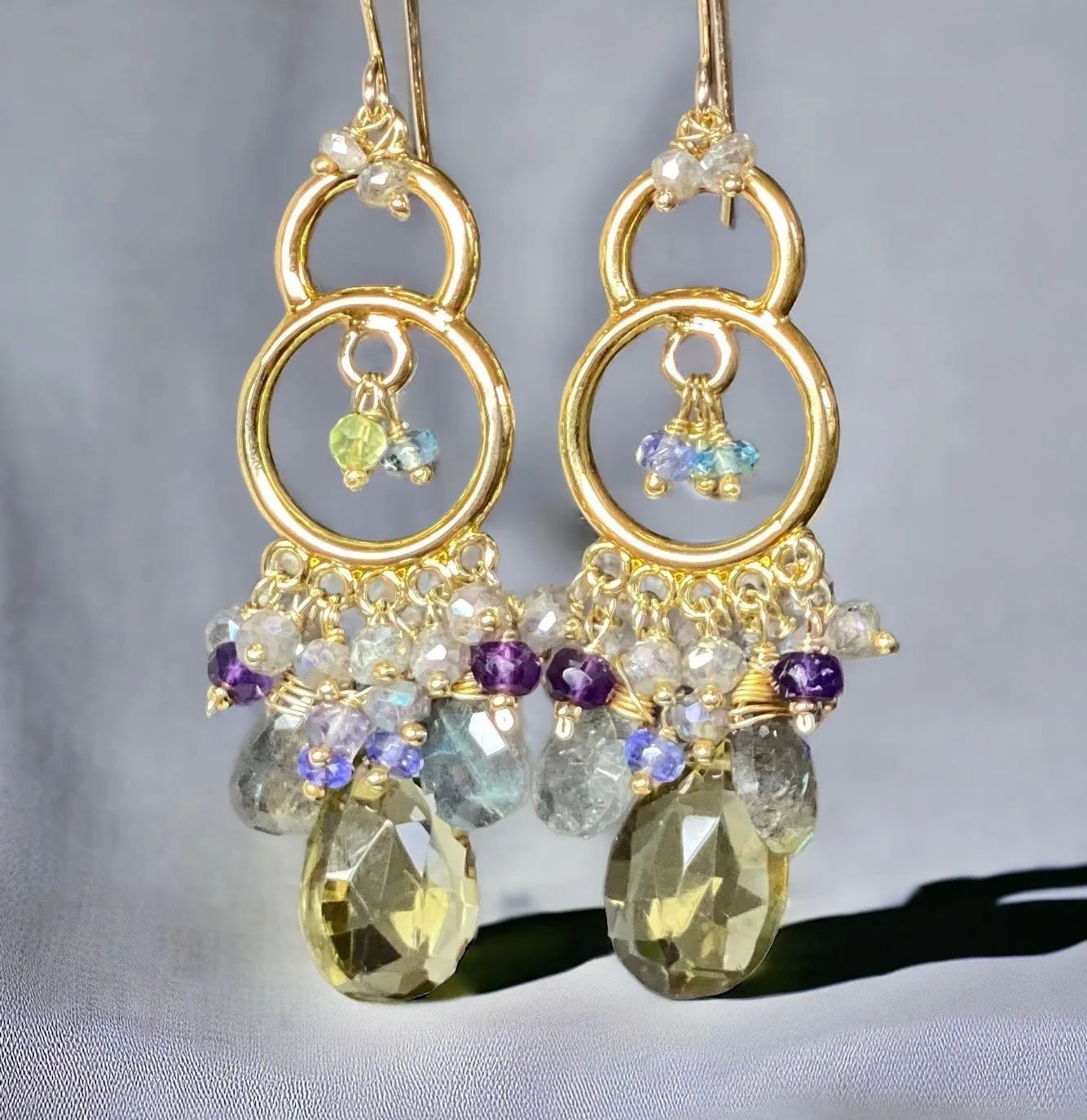 Gold Chandelier Earrings Lemon Quartz Labradorite