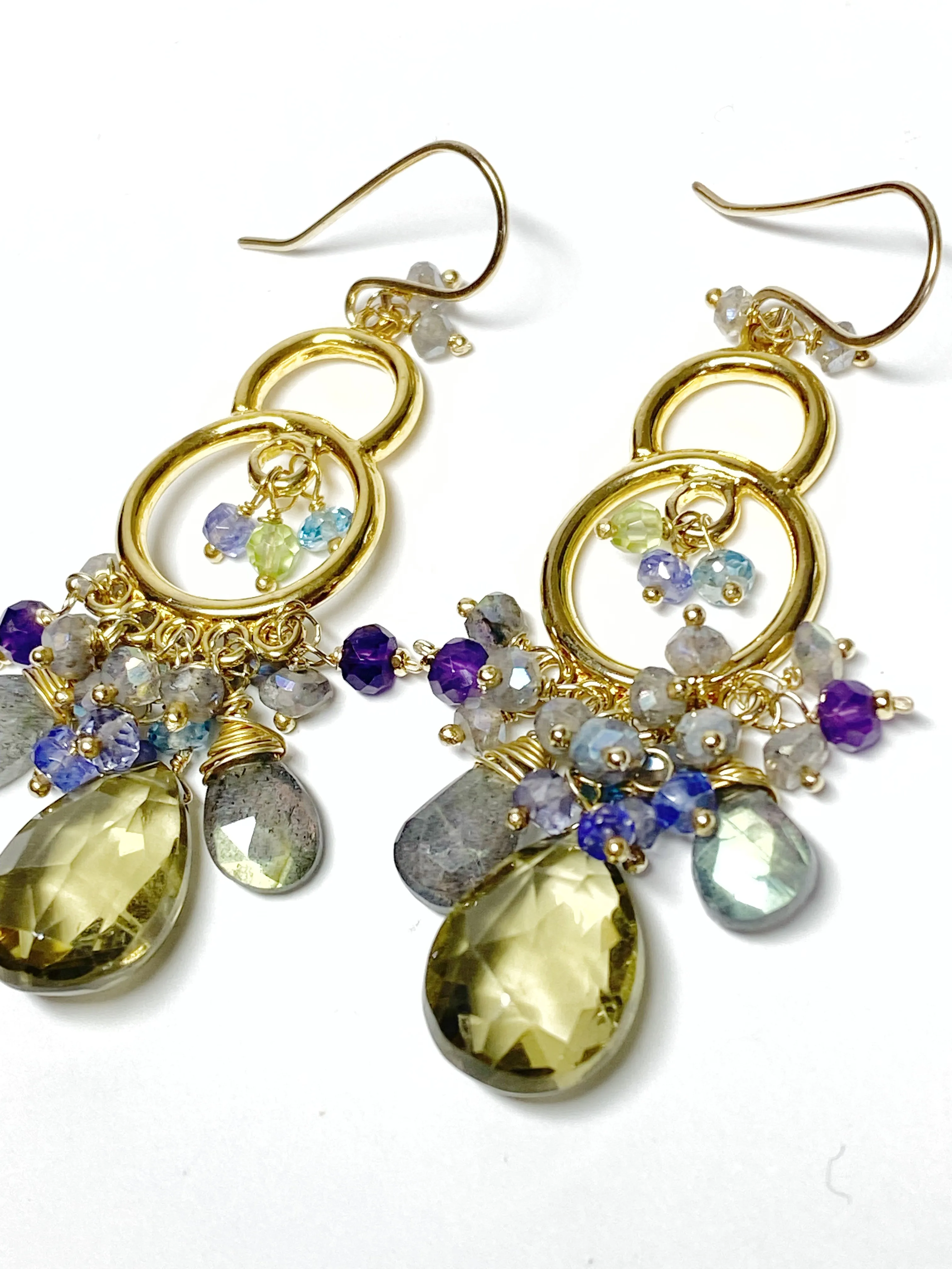 Gold Chandelier Earrings Lemon Quartz Labradorite