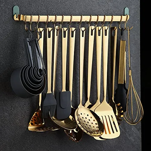 Gold Cooking Utensils Set, Kyraton Stainless Steel 37 Pieces Kitchen Utensils Set with Titanium Gold Plating, Kitchen Gadgets Tool Set with Utensils Racks Heat Resistant Dishwasher Safe