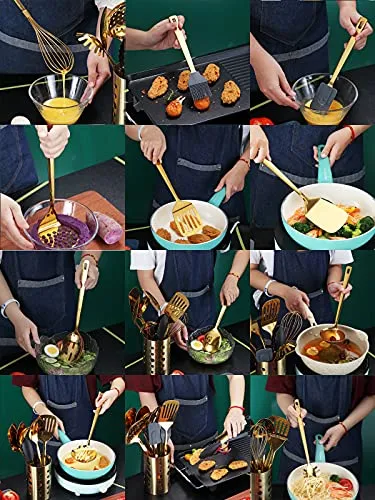 Gold Cooking Utensils Set, Kyraton Stainless Steel 37 Pieces Kitchen Utensils Set with Titanium Gold Plating, Kitchen Gadgets Tool Set with Utensils Racks Heat Resistant Dishwasher Safe