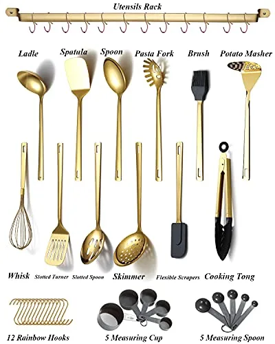 Gold Cooking Utensils Set, Kyraton Stainless Steel 37 Pieces Kitchen Utensils Set with Titanium Gold Plating, Kitchen Gadgets Tool Set with Utensils Racks Heat Resistant Dishwasher Safe