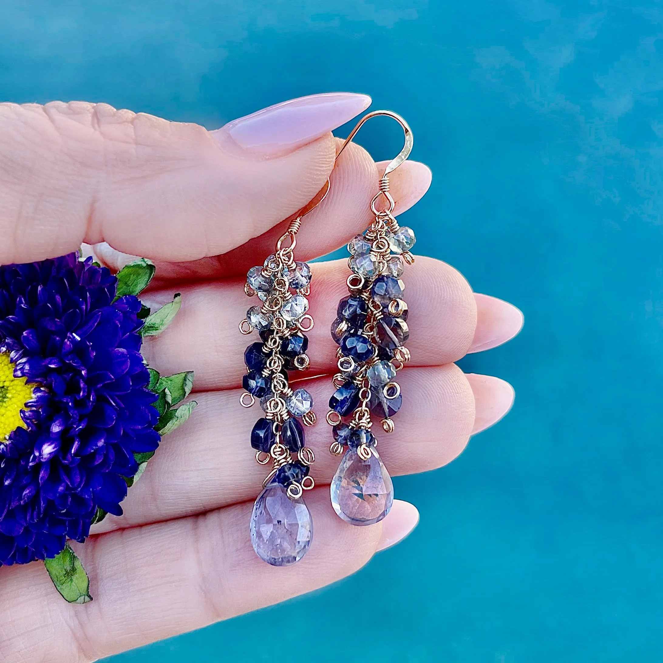 Gold filled Quartz and Iolite Handmade Earrings