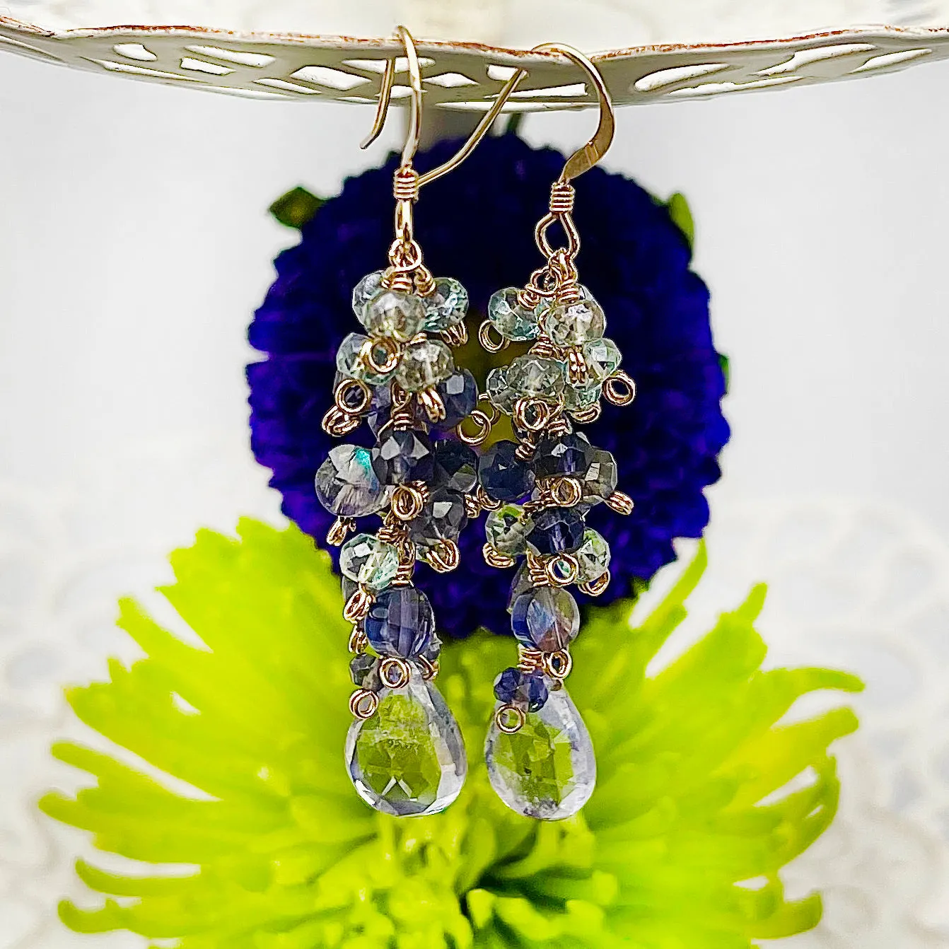 Gold filled Quartz and Iolite Handmade Earrings