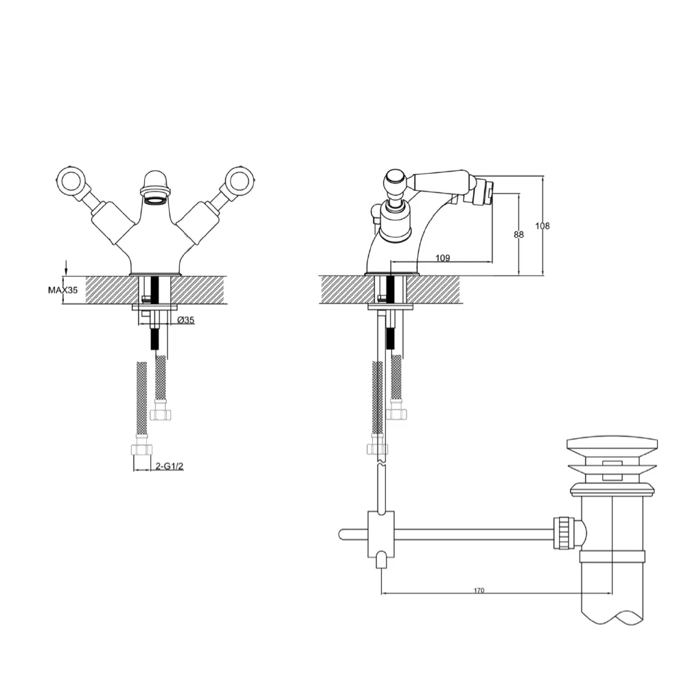 Gold Mono Bidet Mixer Tap with Pop Up Waste