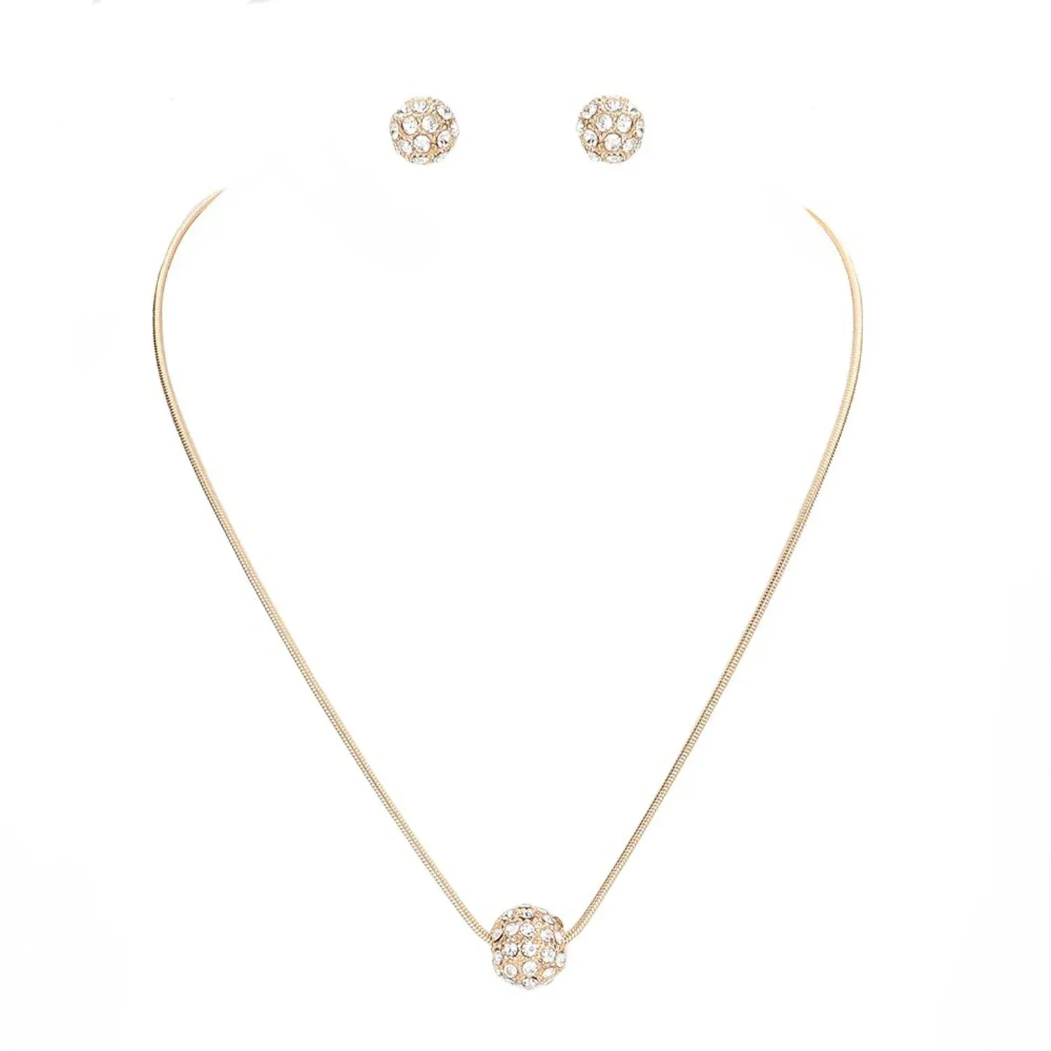 Gold Pave Crystal Ball Pendant Necklace And Earrings Set #HNN E3155-GLD/CRY (RF17/RE17)