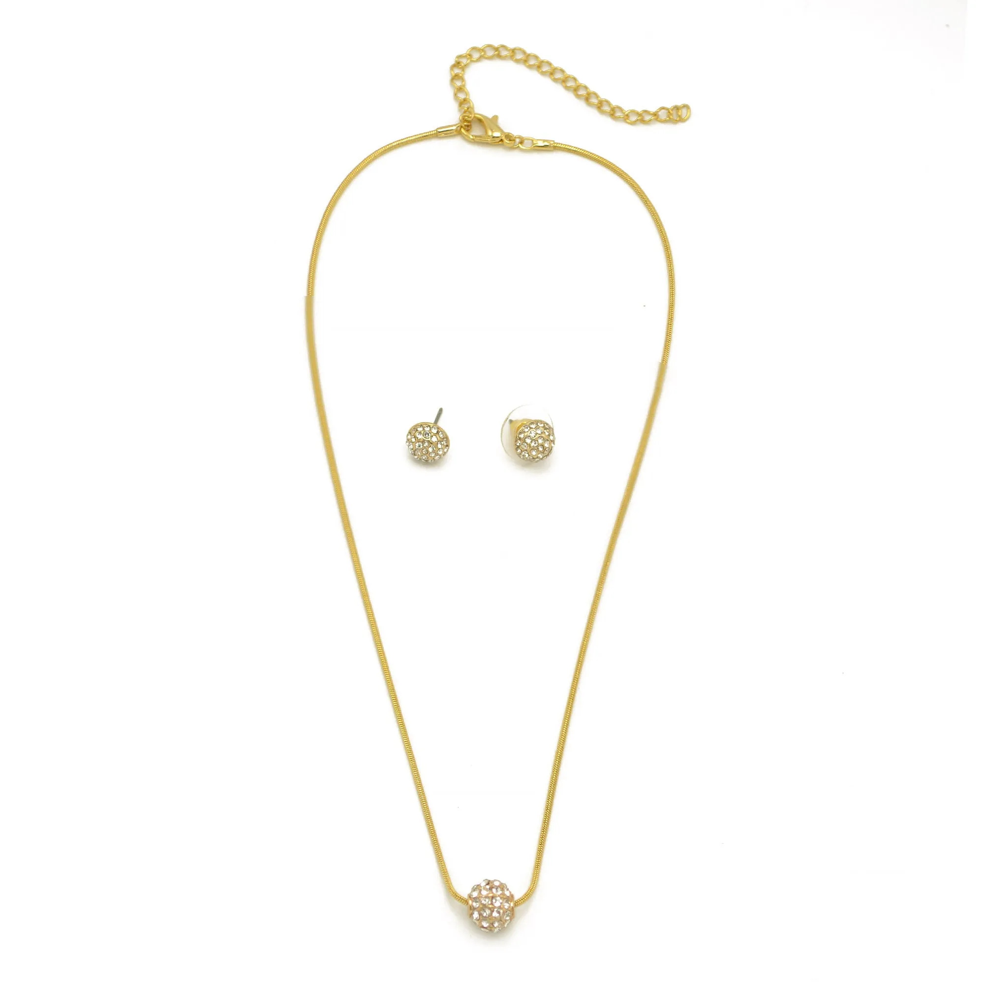Gold Pave Crystal Ball Pendant Necklace And Earrings Set #HNN E3155-GLD/CRY (RF17/RE17)