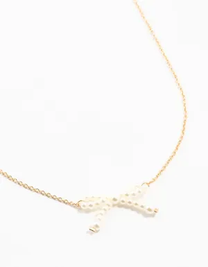Gold Pearl Bow Necklace
