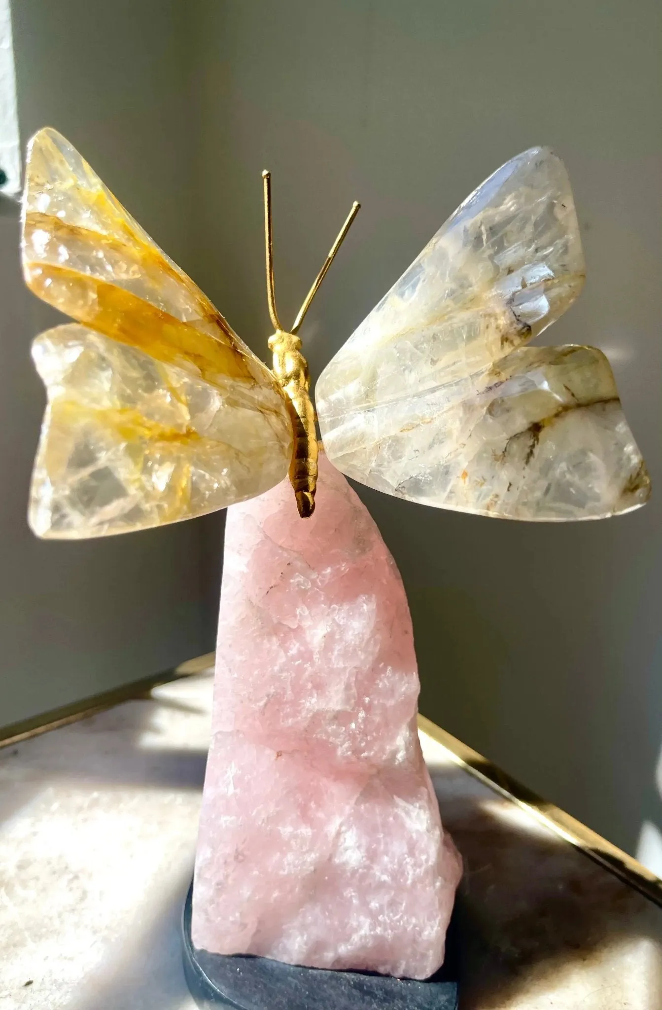 Golden Healer Quartz Crystal Butterfly Sculpture on Rose Quartz Base