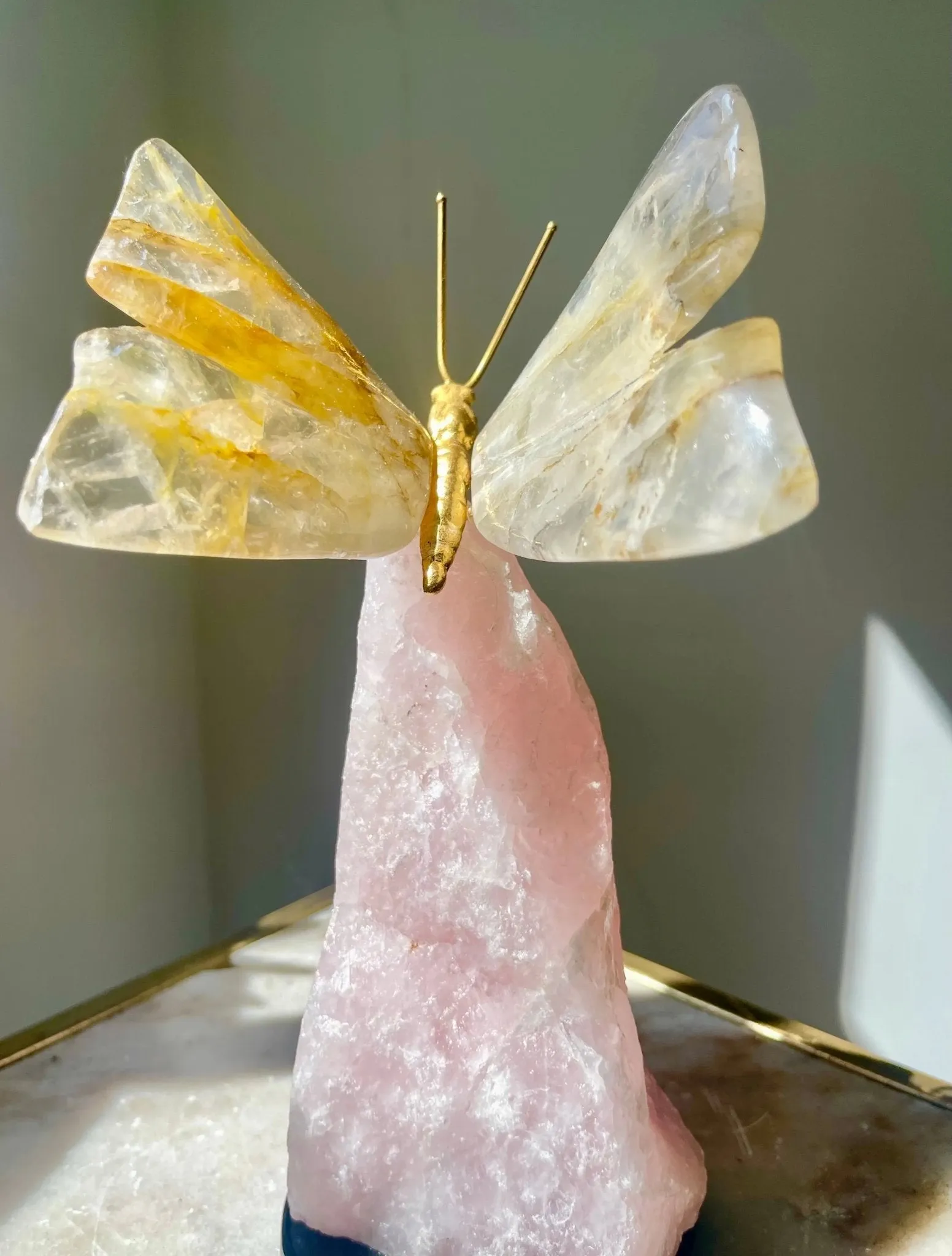 Golden Healer Quartz Crystal Butterfly Sculpture on Rose Quartz Base
